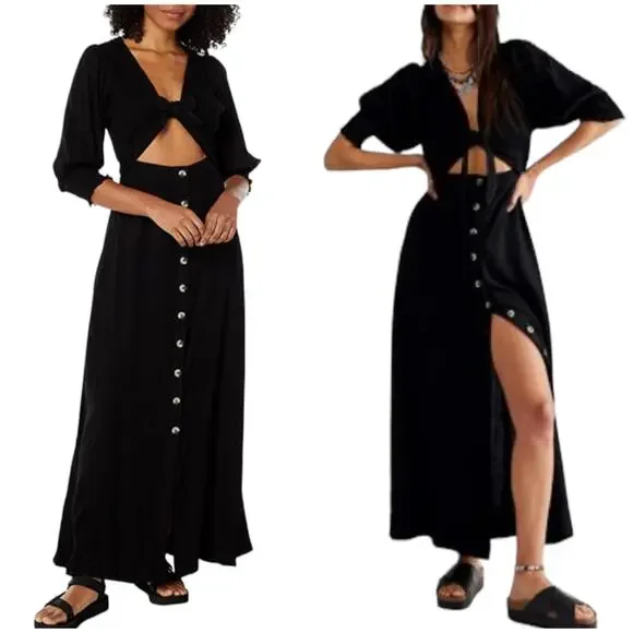 Free People | Dresses | Free People Nwt String Of Hearts Maxi Dress Size S  Black Tie Front Smocked | Poshmark
